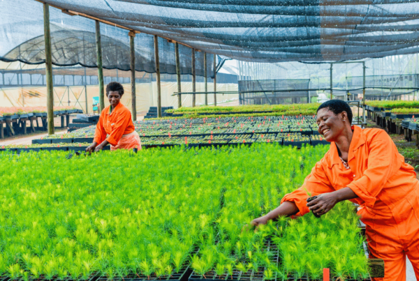 Two women smiling and working in greenhouse at bukaleba forest project