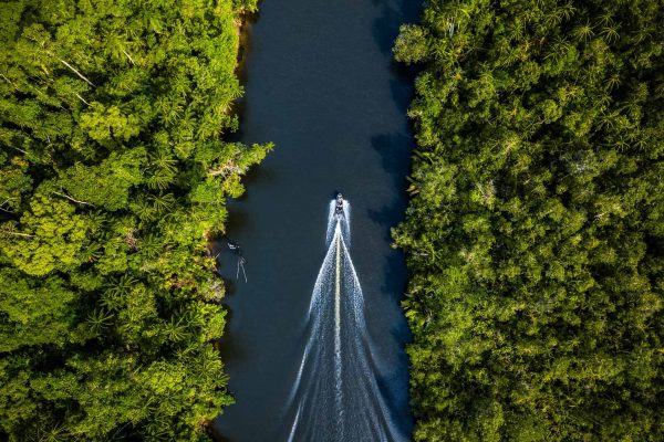 A boat on the Stung Proat River, Southern Cardamom, Cambodia.